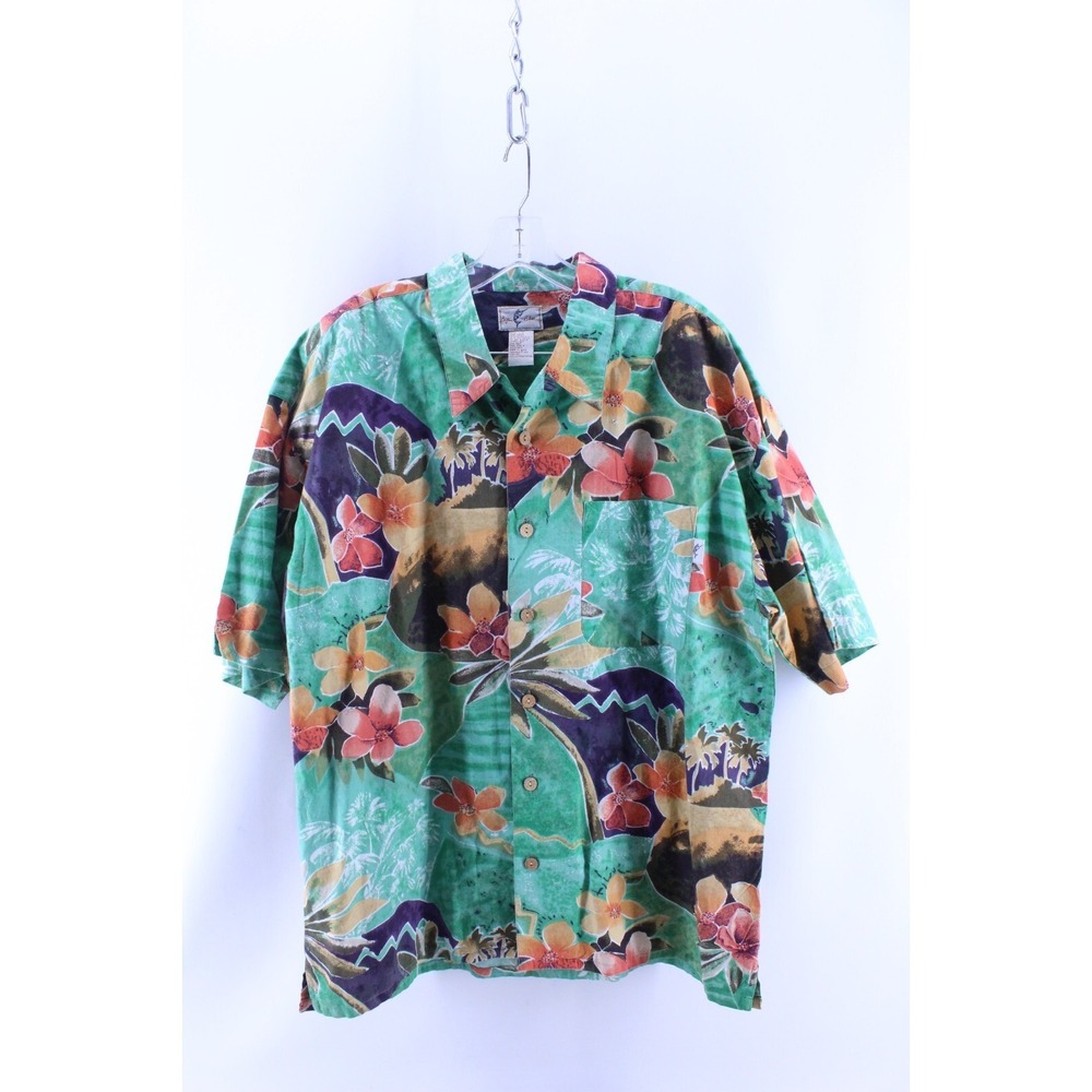Baja Blue Shirt Men's L Hawaiian Short Sleeve‎ Cotton Button Down Floral Hawaii